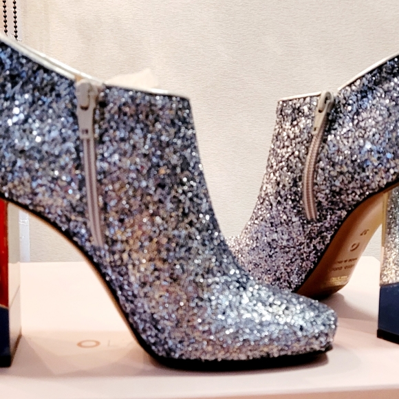 L'Autre Chose Sequin Glitter Ankle Boots, Mirror Chrome Two Toned Stacked  Heels - Picture 5 of 17